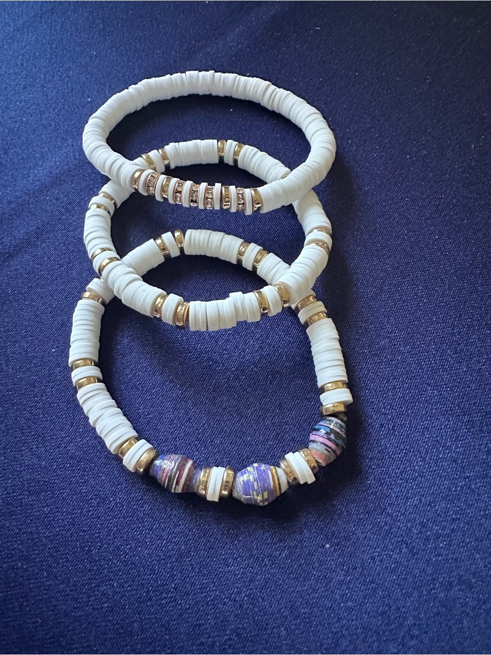 White and Gold Beaded Stretch Bracelet Set - Women Jewelry
